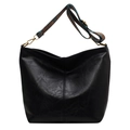 Large black leather tote bag with colorful bohemian strap and glossy pebble texture - Black