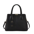Vista frontal del bolso de mano negro en piel granulada con detalles metálicos dorados - Negro