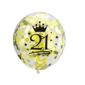 Ballon transparent 21 ans avec confettis dorés, motif couronne et petites étoiles - Style Confettis Or 21 Ans