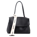 Minimalistische schwarze Handtasche aus Mattleder mit elfenbeinfarbenem Logo-Webband - Schwarz
