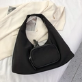 Minimalist black nylon hobo tote bag with matching small pouch for daily commute - Black