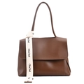 Stilvolle braune Leder-Schultertasche mit cremefarbenem Webband und Klappverschluss - Braun