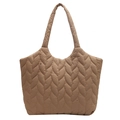 Grand sac cabas matelassé couleur camel avec surpiqûres feuilles et anses longues - Kaki