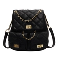 Eleganter schwarzer gesteppter Rucksack mit Goldkettenriemen und Taschen für Damen - Schwarz