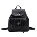 Minimalist black PU leather backpack with drawstring closure and silver twist-lock flap - Black