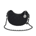 Black denim crescent moon bag with quilted pattern and rose pendant chain strap - Small / Black
