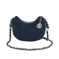Navy blue denim half-moon crossbody bag with silver chain strap and rose pendant - Small / Blue