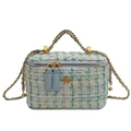 Mini borsa a tracolla in tweed blu e verde con fiore di camelia dorato e catena - Verde Piccolo