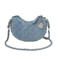 Light blue denim crescent bag with diamond quilting and silver rose charm chain - Small / Light Blue