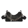 Minimalist black crescent shoulder bag with bold silver chain and wide textile strap - Black