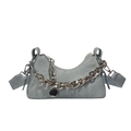 Light blue denim crescent shoulder bag with a bold silver chain and round pendant - Light Blue