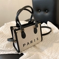 Piccola borsa tote in tela con finiture in pelle nera e scritta PARIS stile classico - Piccolo / Nero