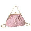 Elegante rosa Perlen-Abendtasche mit goldenen Beschlägen und Perlen-Tragegriff - Rosa
