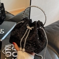 Borsa a secchiello con paillettes nere e manico con strass luccicanti per donna alla moda - Nero