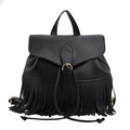 Black pebbled leather backpack with bohemian fringe details and gold metal buckle - Black
