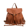 Caramel brown pebbled leather backpack featuring bohemian fringe details and metal buckle - Brown