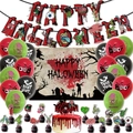 Set decorazioni Halloween con banner zombie, palloncini insanguinati e sfondo horror - Set D (Sfondo Banner Palloncini Cake Toppers Nastro)
