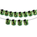 Close-up of CONGRATS GRAD graduation banner with green flags and mortarboard icons - Green Banner