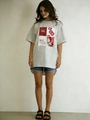Oversized grey graphic t-shirt featuring vintage four-grid print and mon cherl text - S / Grayish White