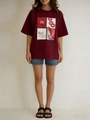 Detailed view of maroon oversized t-shirt with mon cheri graphic and vintage car print - S / Burgundy