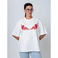 Oversized wit katoenen T-shirt met vintage rode bloemenprint en een ronde halslijn - S / Wit