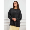Vintage washed black oversized long sleeve cotton T-shirt for women featuring slogan print - M / Washed Black
