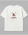 Detailansicht eines weißen Baumwoll-T-Shirts mit rotem Ethno-Pferd- und Vogel-Print - S / Weiß