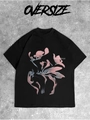 Detail of oversized black cotton T-shirt featuring blue abstract flame print and text - S / Black