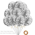 Set of 10 transparent 12-inch latex balloons filled with silver round confetti and ribbon - Silver (10 Pcs)