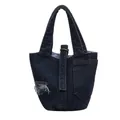 Fashionable dark blue denim bucket bag with distressed detailing and metal buckle straps - Dark Blue