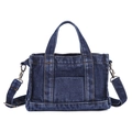 Retro dark blue denim patchwork tote bag with contrast stitching and adjustable strap - Navy Blue