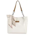 Weiße gesteppte Große Tasche mit braunen Trägern und elegantem Seidenschal-Accessoire - Weiß & Khaki