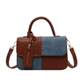 Borsa a mano vintage in pelle marrone e denim blu con dettagli metallici dorati - Grande / Marrone