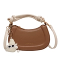 Brown moon-shaped handbag with white twisted handle and plush monster charm - Khaki