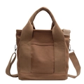 Chic khaki canvas tote bag for women featuring a front pocket and adjustable shoulder strap - Khaki