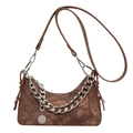 Brown vintage denim patchwork shoulder bag with silver chain and adjustable strap on white - Retro Brown Style / Brown