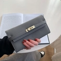 Elegante graue lange Clutch-Geldbörse mit Litschi-Textur und goldenem Metallverschluss - Dunkelgrau