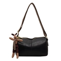 Black vintage barrel crossbody bag with patterned strap and cute rabbit plush charm - Black