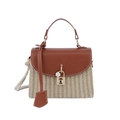 Stro en bruin lederen handtas met gouden slot en witte bloem hanger accessoire - Bruin