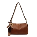 Brown Boston cylinder bag with wide jacquard strap and cute rabbit pendant decoration - Brown