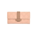 Long apricot pink faux leather wallet with floral embossing and brown buckle strap - Pink