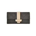 Black long faux leather wallet with floral embossing and beige buckle closure for women - Black