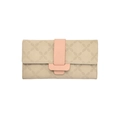 Women long wallet in khaki with embossed floral pattern and pink snap button closure - Gray