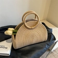 Bolso capazo de paja tejido a mano con asas redondas y diseño de semicírculo para playa - Estilo Simple Liso / Caqui Sin Flor