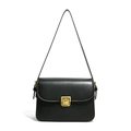 Classic black leather crossbody bag with vintage gold square lock in a minimalist style - Black
