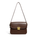 Classic dark brown leather flap crossbody bag with premium gold square metal buckle - Brown