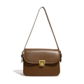 Retro brown leather square crossbody bag with gold buckle clasp and shoulder strap - Brown