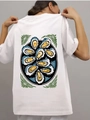 Back view of white cotton T-shirt featuring a colorful oyster illustration print - S / Oyster Platter (White)