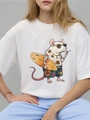 Close-up of white cotton T-shirt featuring a surfing mouse illustration with vibrant details - S / Surfing Mouse (White)