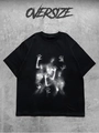 Flach liegendes schwarzes Oversize-T-Shirt mit weißem Palmen-Kunstdruck auf Baumwolle - S / Künstlerischer Handschatten (Schwarz A8)